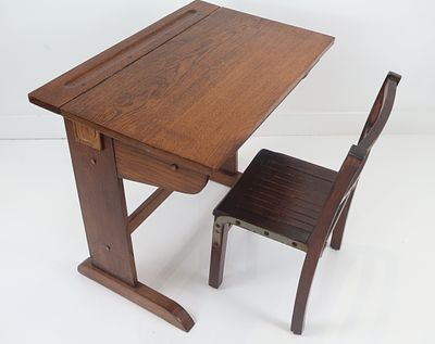 Vintage Oak School Desk and Associated Chair, Early 20th Century. A vintage school desk and 