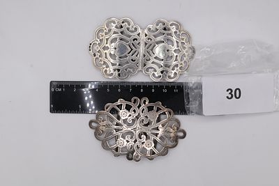 A Pair of Nurses Solid Silver Belt Buckles with Birmingham Assay Marks, Featuring Scroll and 