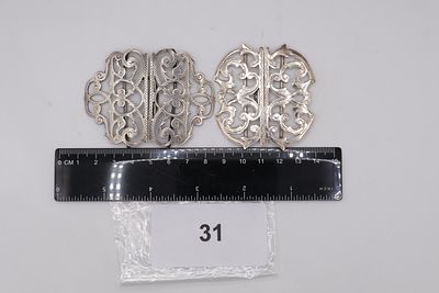 A Pair, Victorian Similar Solid Silver Scroll Design Nurses Belt Buckles - Birmingham Assay Marks. 