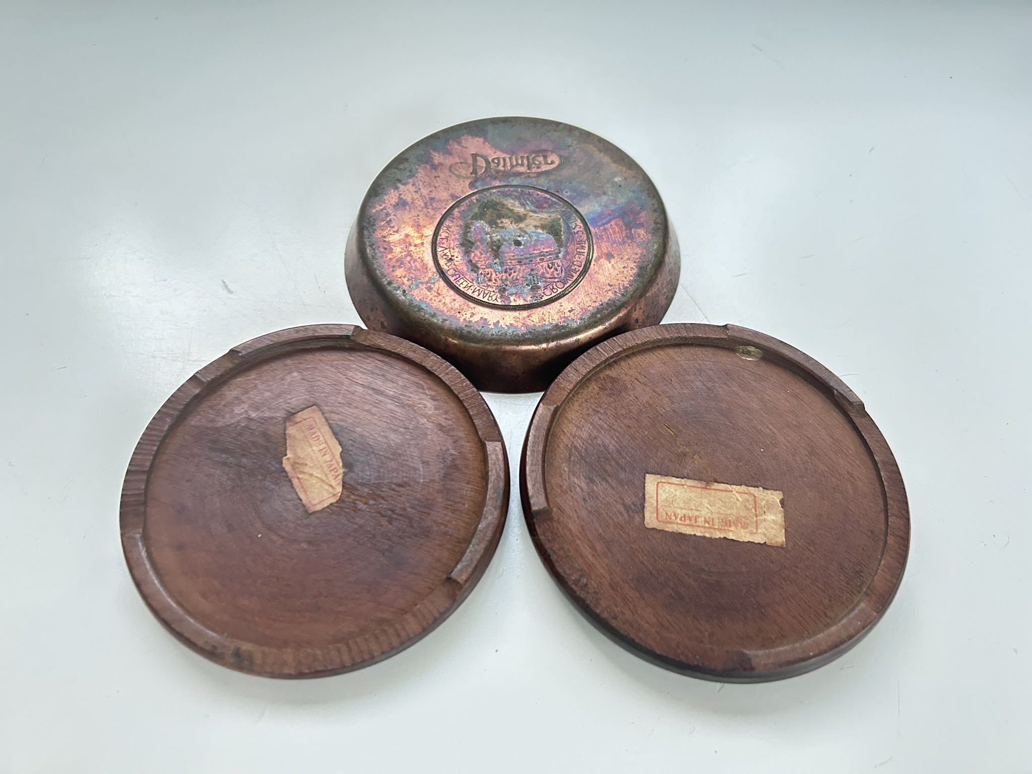 Daimler brass tray or possibly ashtray, created to commemorate 1911 coronation of King George V and Queen Mary and two vintage Japanese wooden coasters