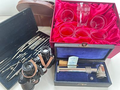 Denhill vintage binoculars, antique technical drawing set, vintage mid century ultra lens and 