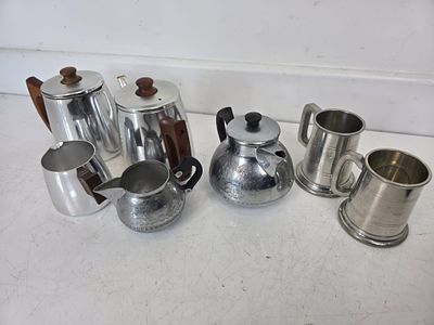 Mid Century Sona Chrome and Wood Tea Set and additional tankards