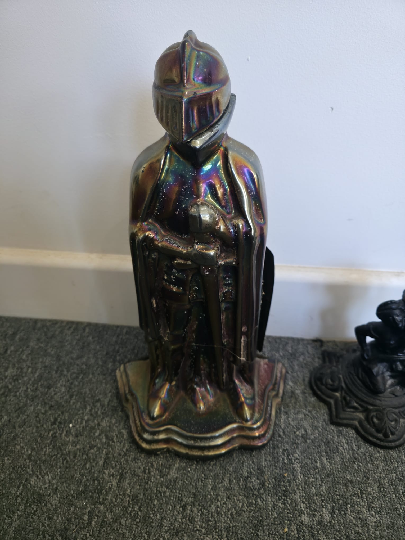 Metal Knight Fireplace Companion Figure & Cast Iron Figural Chamberstick