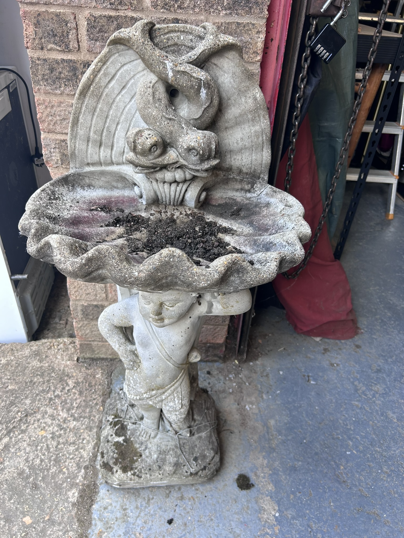 Composite stone bird bath standing almost 1 metre high. A very impressive and heavy example - weathered patina