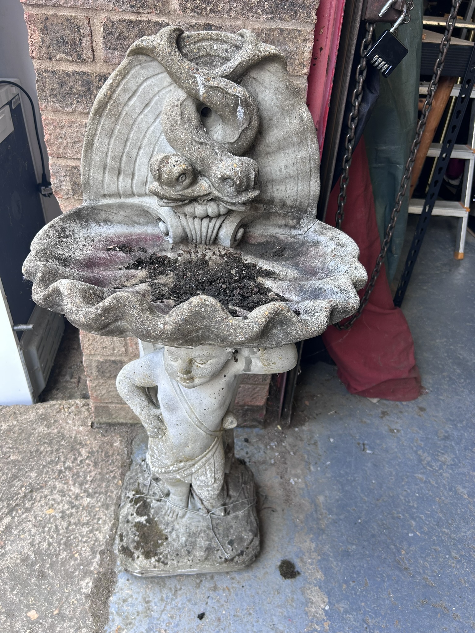 Composite stone bird bath standing almost 1 metre high. A very impressive and heavy example - weathered patina
