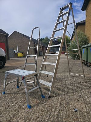 Aluminium Step Ladders and Folding Work Platform. Collection comprising a tall aluminium step 