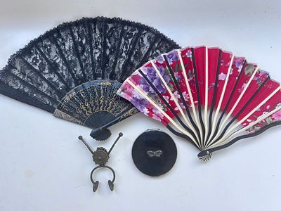 Antique skirt / garment lifter, Stratton compact a vintage head fan and one other more contemporary