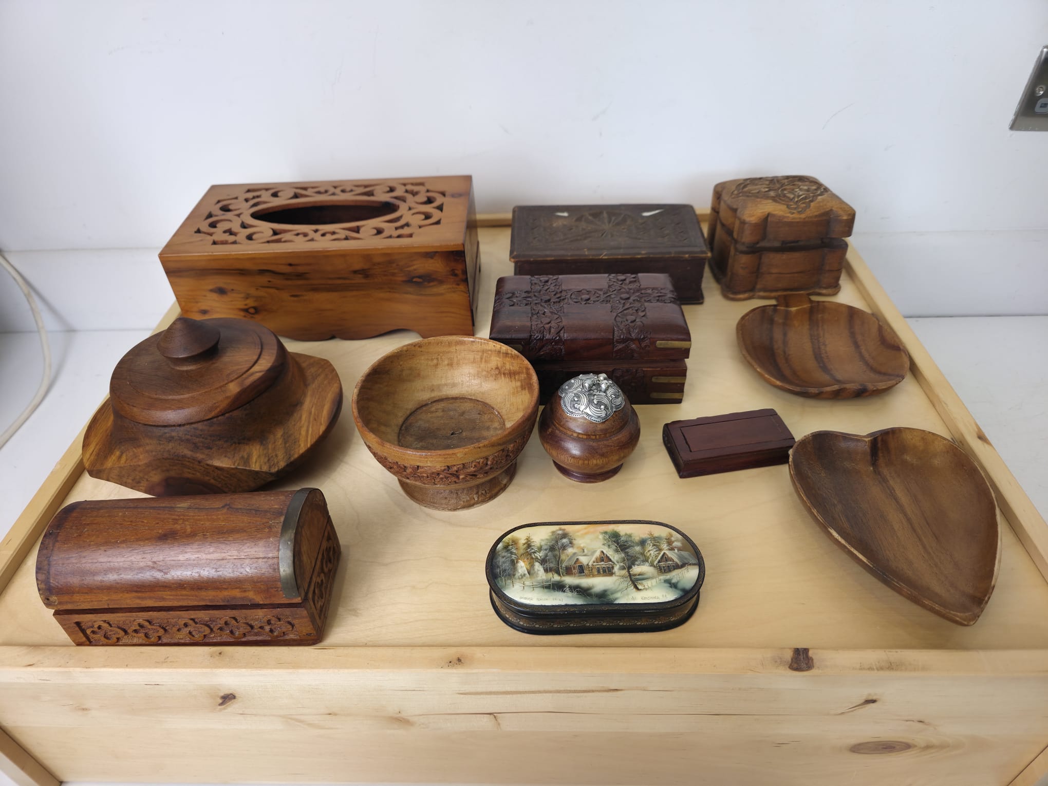 Collection of Carved Wooden Boxes and Treen