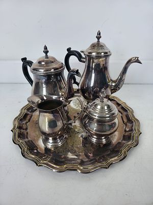 Viners and Similar Silver Plated Four Piece Tea & Coffee Service with Serving Tray. A silver 