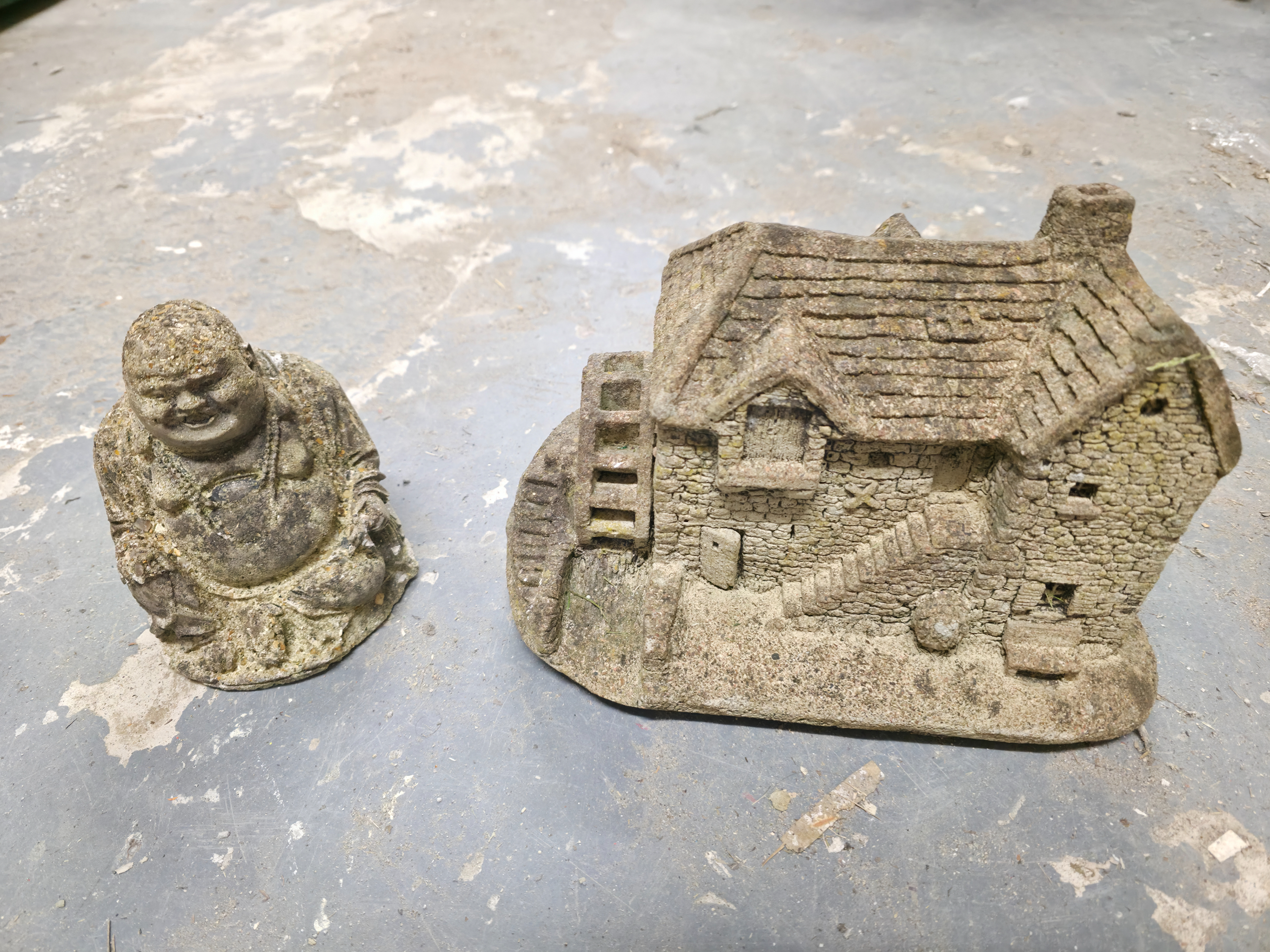 Two Garden Ornaments Including Laughing Buddha and Watermill Cottage