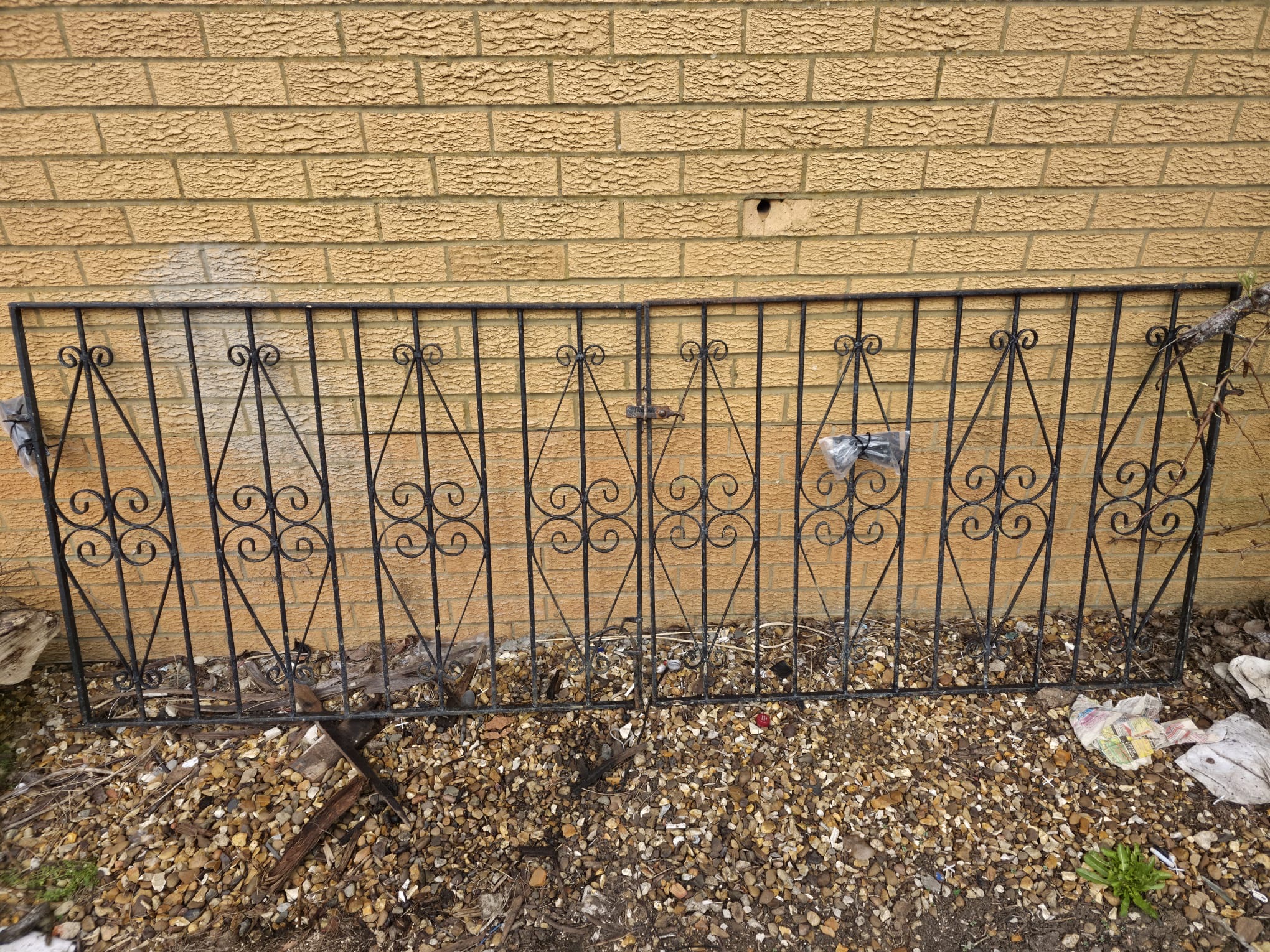 Pair of Matching Vintage Wrought Iron Gates, measures approx 230cm wide and 88cm tall.