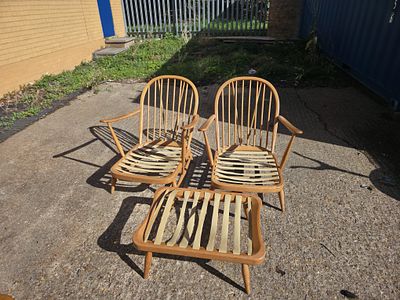Pair of Ercol Model 203 Windsor Easy Chairs with Model 341 Extension Footstool, Elm & Beech. A 