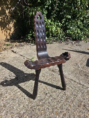 Rustic Carved Wooden 3 Legged Chair