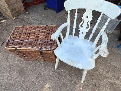 Quality large wicker basket and a vintage fiddle back carver chair