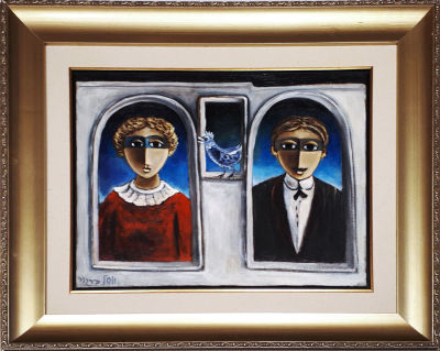 יוסל ברגנר - ילדה, ילד וציפור. שמן על בד. 50X40 ס"מ. ממוסגר