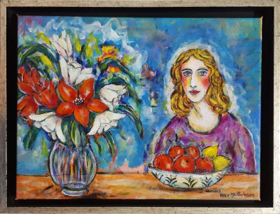 אלכס מיכאלסון - דמות ופרחים. שמן על בד. 45X33 ס"מ.