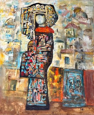 Gregory Kohelet קוהלת - דמות אישה בנוף ירושלים. שמן על בד. 75X90 ס"מ. חתום.