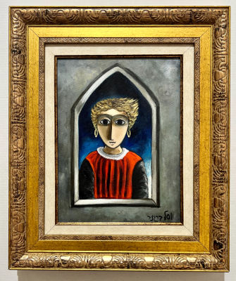 Yosl Bergner - A Girl In A Window. Oil on canvas. 
Signed. 
Framed. 
Accompanied with a 