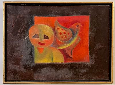 שמעון אבישר (ארה"ב - צרפת - ישראל, נ. 1948) - ילד וציפור. שמן על בד מוצמד ללוח.
חתום.
ממוסגר.