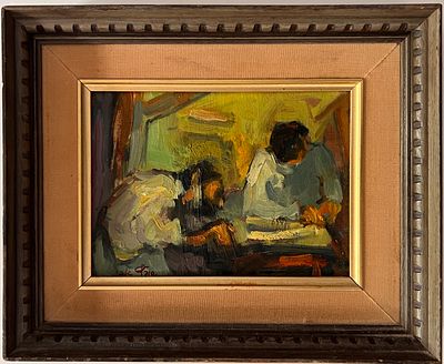 Avi Schwartz (b.1938) - studying Together. Oil on board. 
Hand signed. 
Framed.