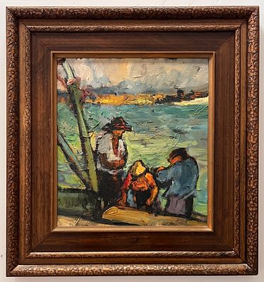 Avi Schwartz (b.1938) - Fishermen on the Shore. Oil on board. 
Hand signed. 
Framed.