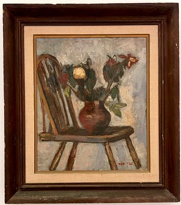Zvi Shor (Israeli, 1898-1979) - Flowers on a Chair. Oil on canvas. 
Hand signed. 
Framed. 
Small 