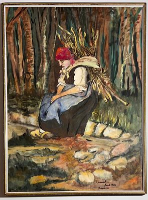 Unidentified artist - Woman Carrying Woods. Gouache on paper. 
Hand signed. 
Framed. 
Dated. 
Arad 