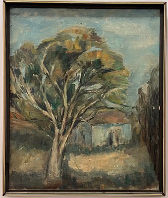 Unidentified artist - Tree Facing a House. Oil on canvas.
Hand signed. 
Dated. 
Framed. 
Signs of age.