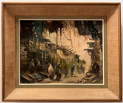 Unidentified artist - Passersby in the Market. Oil on canvas.
Hand signed. 
Framed.