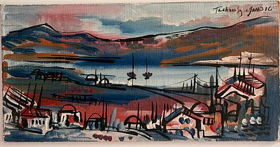 Moshe Tuchemsky - Sunset at the Harbor. Oil on canvas attached to board. 
Hand signed.