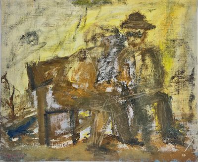 עמוס רבין - דמויות על הספסל. עבודה מעניינת. 
שמן על בד מוצמד ללוח. 
חתום. 
מתוארך.