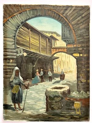 אמן לא מזוהה - דמויות בעיירה. שמן על בד. 
חתום.