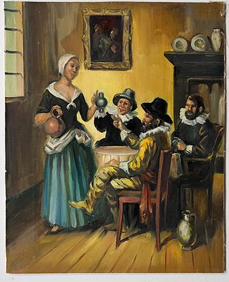 אמן לא ידוע - ג’נטלמנים בטברנה. שמן על בד מוצמד ללוח.