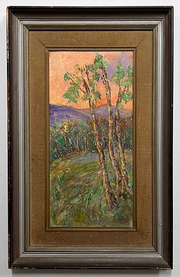 אמן לא מזוהה - עצים בשדה. שמן על לוח. 
חתום. 
ממוסגר.