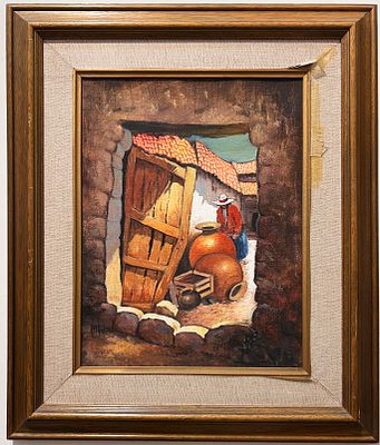 אמן לא מזוהה - האישה בחצר. שמן על לוח. 
חתום. 
מתוארך. 
ממוסגר. 
פספרטו לא במצב מושלם.