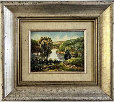 קובץ' - נוף אגם. שמן על קרטון. 
חתום. 
ממוסגר במסגרת איכותית