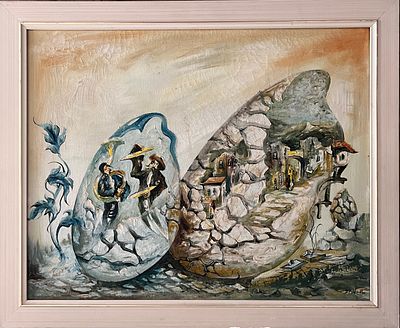 Dan Moskona (b. 1930) - Jewish Musicians and an Old City Alley. Oil on canvas. 
Hand signed. 
Framed.