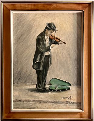 Eliyahu Cohen - The Street Violinist. Oil on canvas. 
Hand signed. 
Framed.
