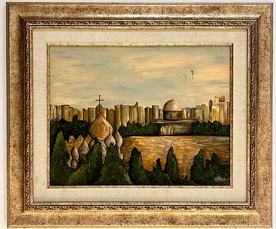 מרינה פוקס - העיר הקדושה. עבודה איכותית. 
שמן על לוח. 
חתום. 
ממוסגר במסגרת מפוארת.