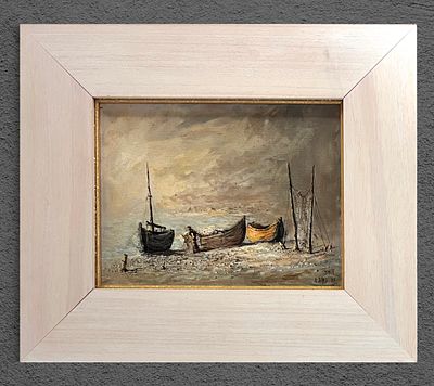 Ari Arad - Fishing Boats on the Shore. Oil on canvas. 
Hand signed. 
Framed in an elegant frame.