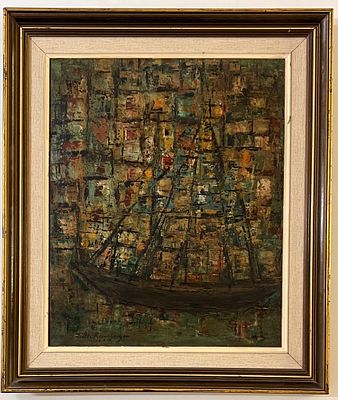 Edith Rosenfeld (b.1945) - Ship at Sea. Oil on board. 
Hand signed. 
Framed. 
Dated.
