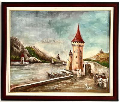 Gersi - נוף אירופאי. עבודה גדולת ממדים. 
שמן על לוח. 
חתום. 
ממוסגר.