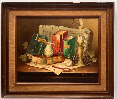 Unidentified artist - Still Life with Books and Candle. Oil on canvas. 
Hand signed. 
Framed.