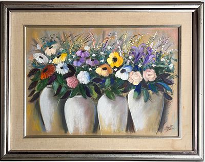 Lynette Razon (b.1946) - Flowers in Vases. Oil on cardboard. 
Hand signed. 
Framed.