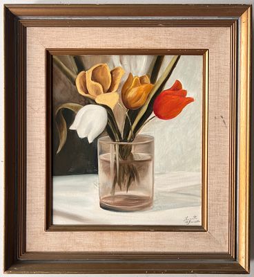 Lynette Razon (b.1946) - Flowers in Vases. Oil on canvas. 
Hand signed. 
Framed. 
Minor 
