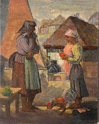 Unidentified artist - Conversation in the Village. Oil on board. 
Hand signed.
