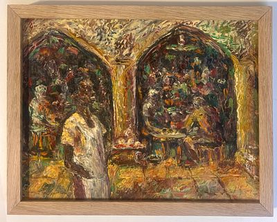 נחום קוק (1908-1981) - דמויות בשוק. שמן על נייר מוצמד ללוח. 
חתום. 
ממוסגר.