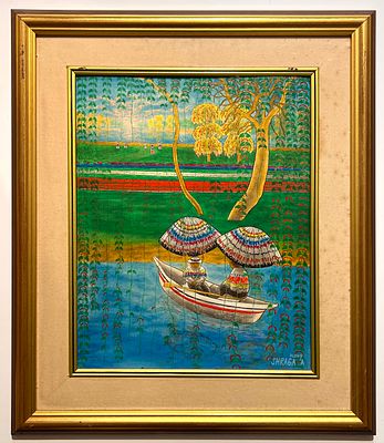 שרגא אלוני (נ.1945) - שייט בנהר. שמן על בד מוצמד ללוח. 
חתום. 
ממוסגר.