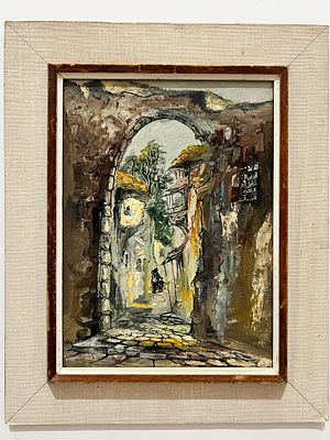 דן מוסקונה - סמטה בצפת. שמן על לוח. 
חתום. 
ממוסגר.