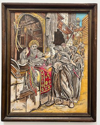 אדי גולדשטיין (נ. 1945) - דמויות בשוק. שמן על לוח. 
חתום. 
ממוסגר.